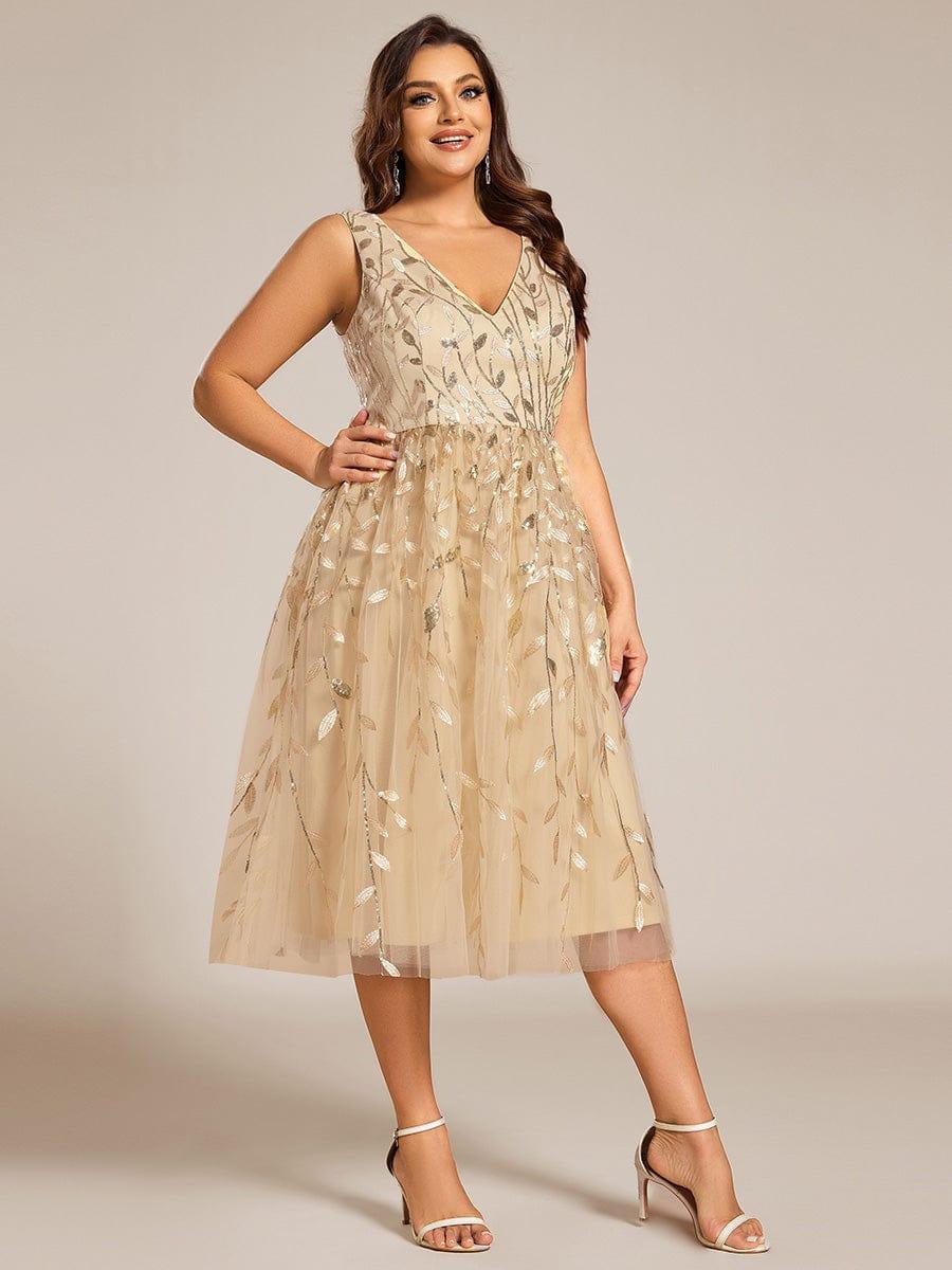 Robe d'invitée de mariage mi-longue à paillettes et feuilles grande taille #Couleur_Or