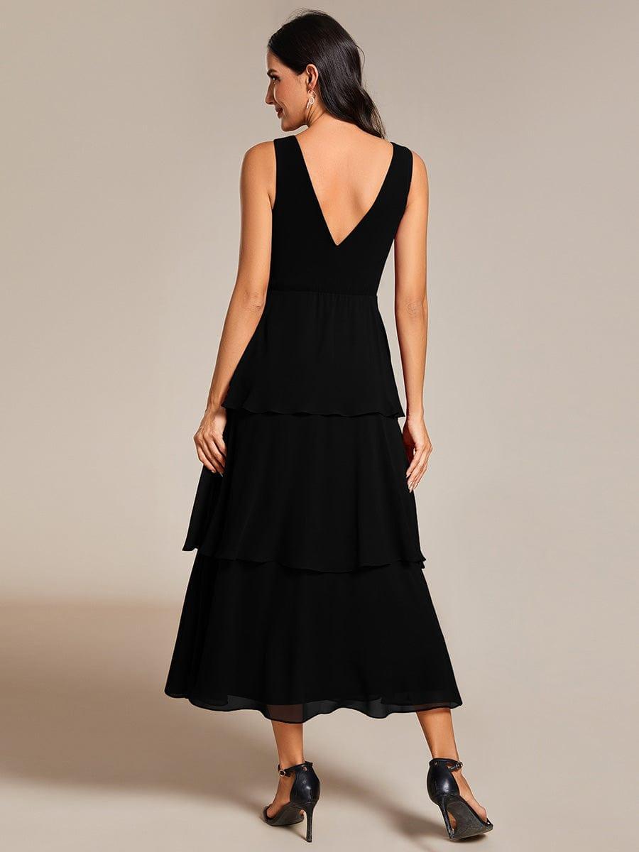 Robe d'invité de mariage en mousseline de soie, ourlet superposé, col en V, sans manches, ligne a #Couleur_Noir