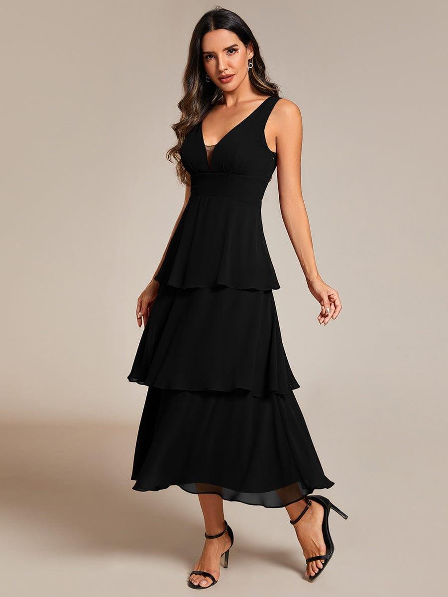 Robe d'invité de mariage en mousseline de soie, ourlet superposé, col en V, sans manches, ligne a #Couleur_Noir
