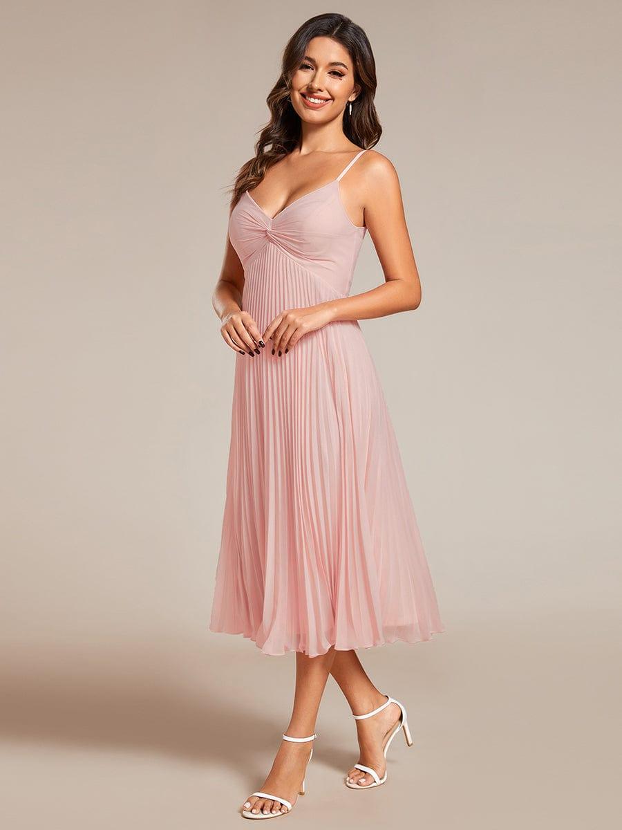 Robe d'invité de mariage dos nu plissée en mousseline de soie mi-longue avec col en V #Couleur_Rose