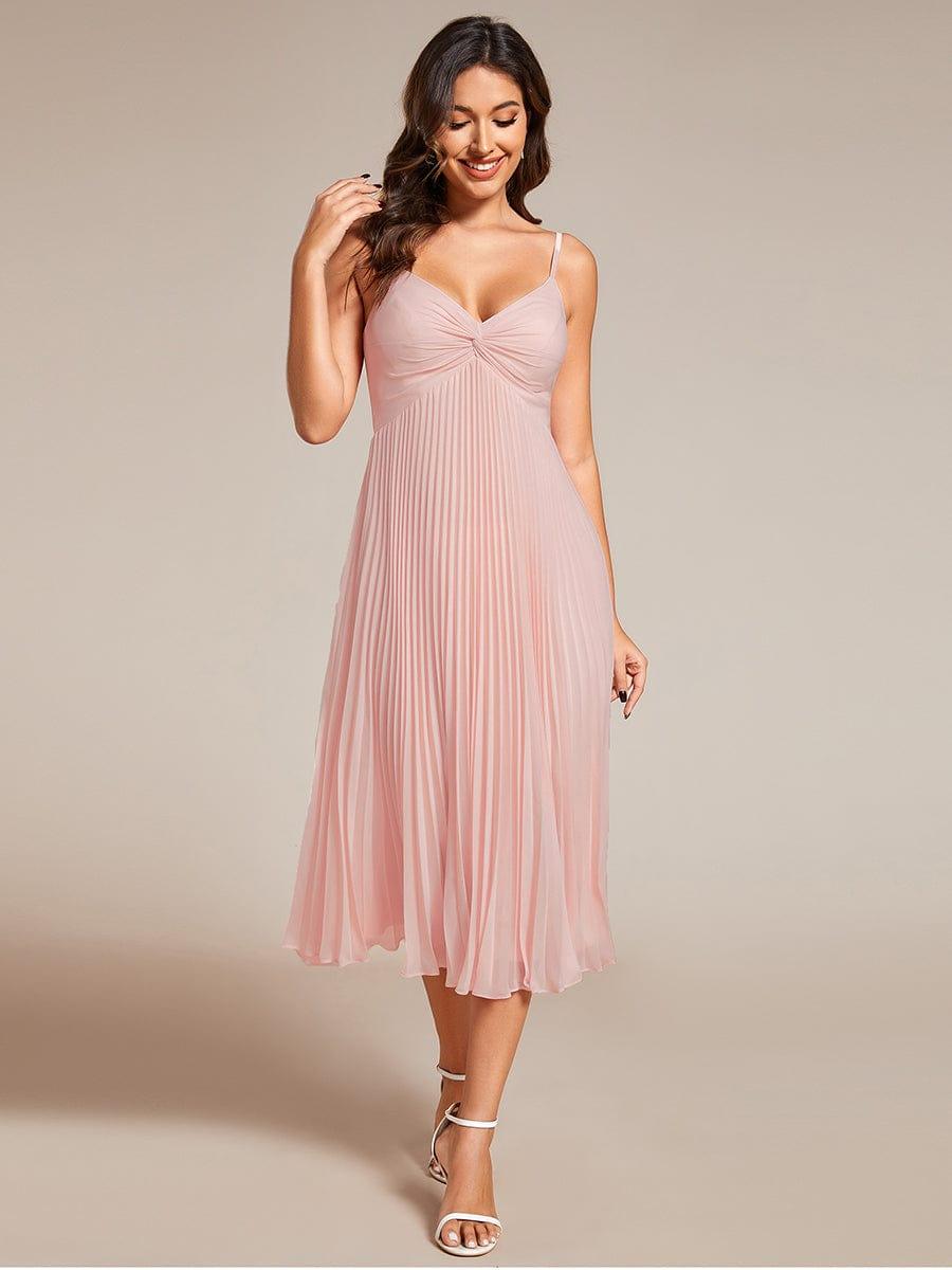Robe d'invité de mariage dos nu plissée en mousseline de soie mi-longue avec col en V #Couleur_Rose