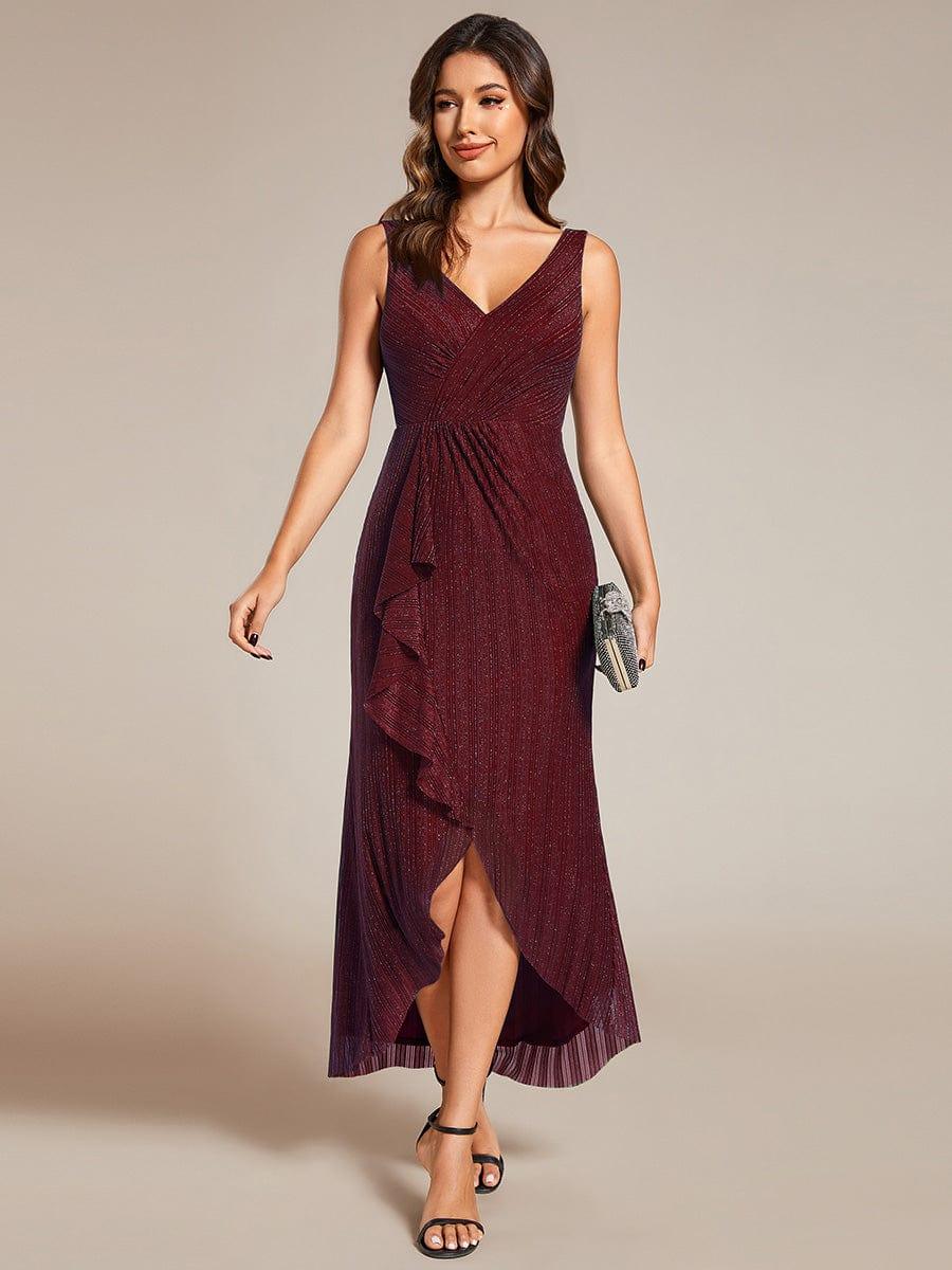 Robe d'invité de mariage sans manches en queue de poisson avec feuille de lotus #Couleur_Bordeaux