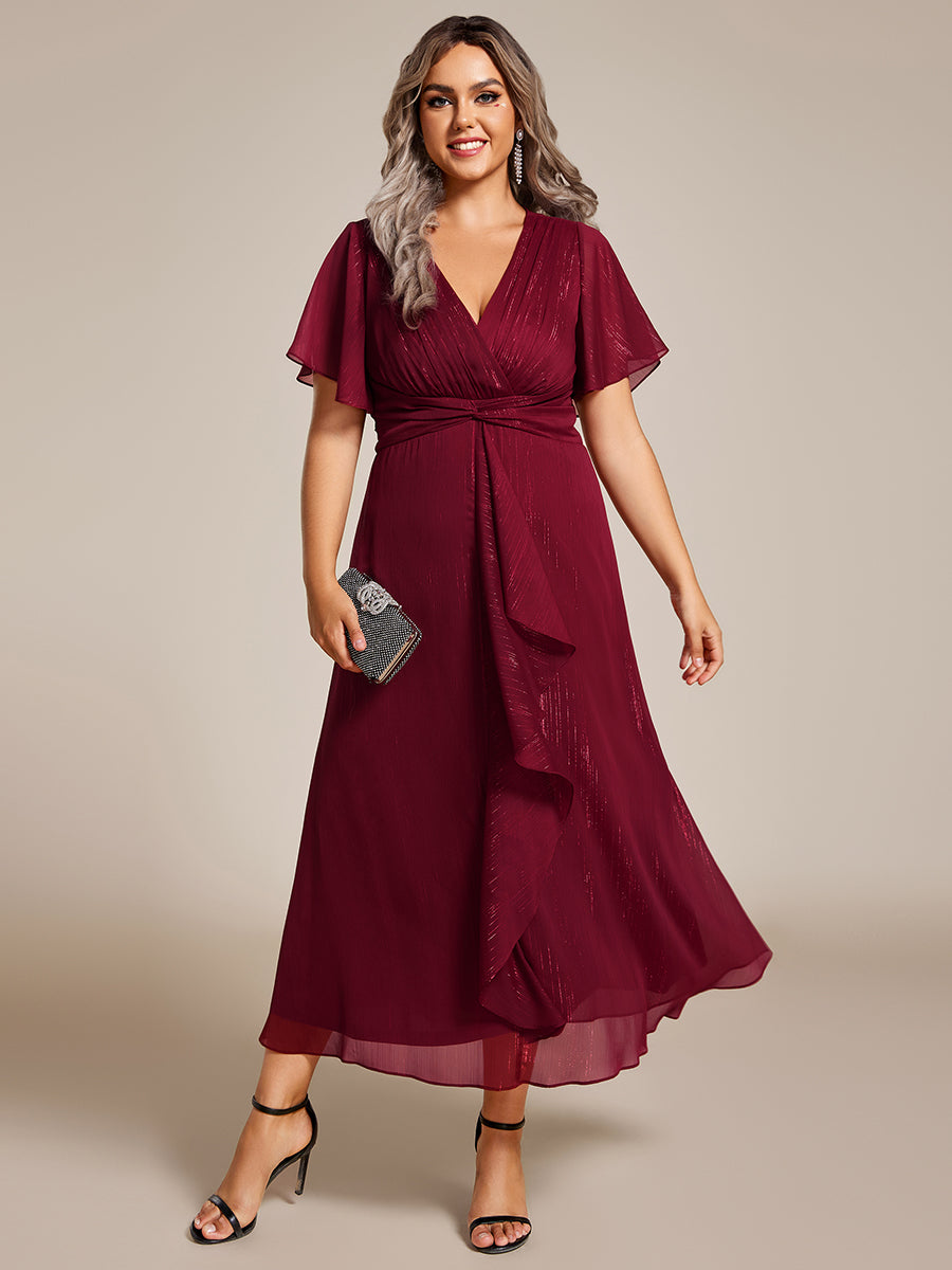 Robe d'invité de mariage mi-longue trapèze à manches courtes et paillettes de grande taille avec ourlet à volants #Couleur_Bordeaux