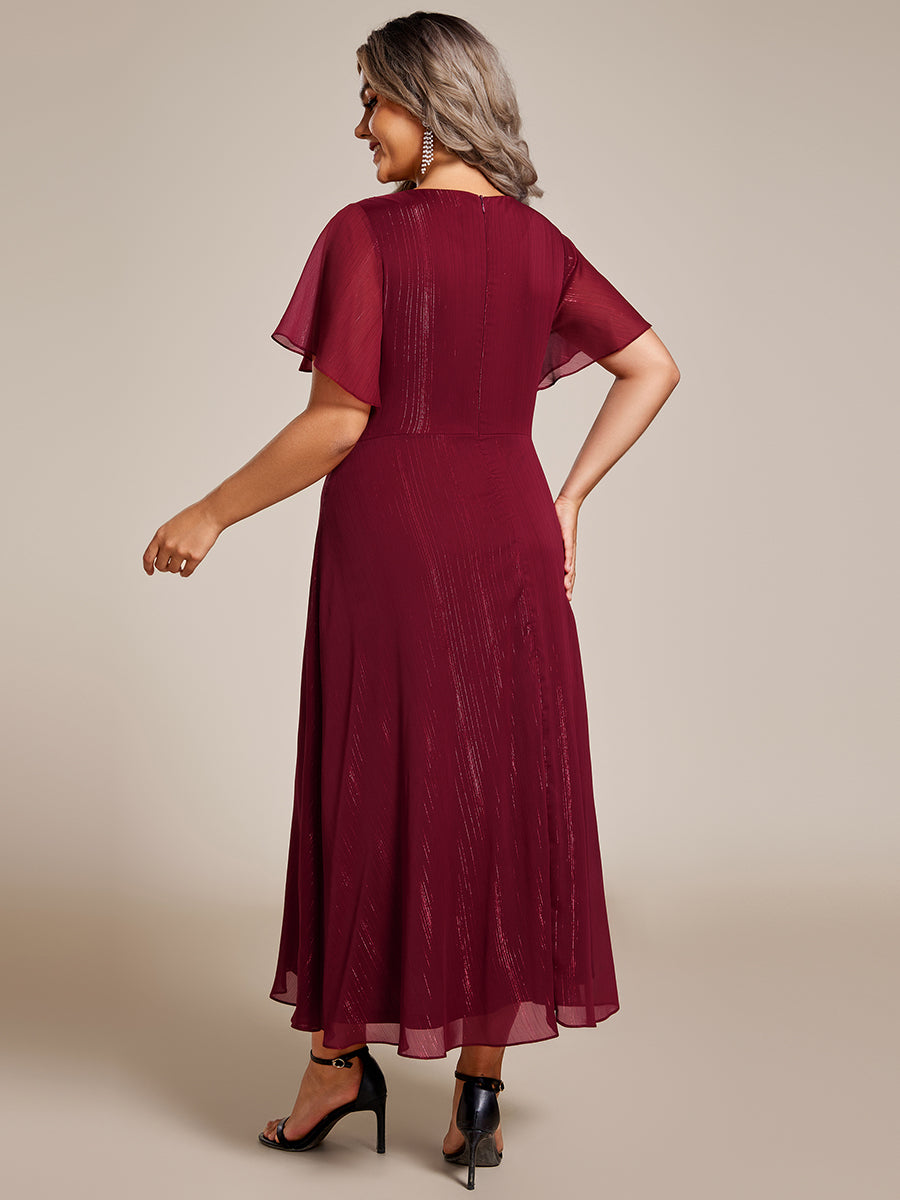Robe d'invité de mariage mi-longue trapèze à manches courtes et paillettes de grande taille avec ourlet à volants #Couleur_Bordeaux