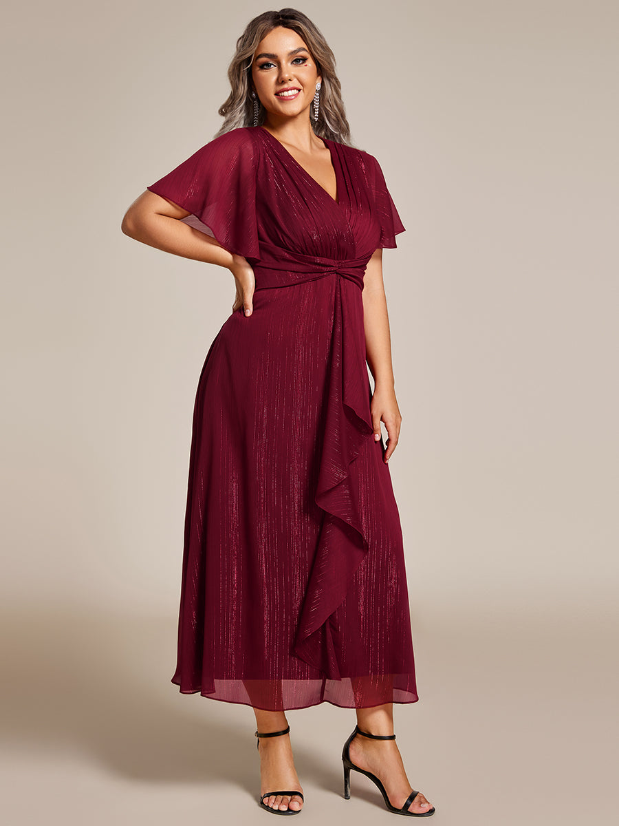 Robe d'invité de mariage mi-longue trapèze à manches courtes et paillettes de grande taille avec ourlet à volants #Couleur_Bordeaux