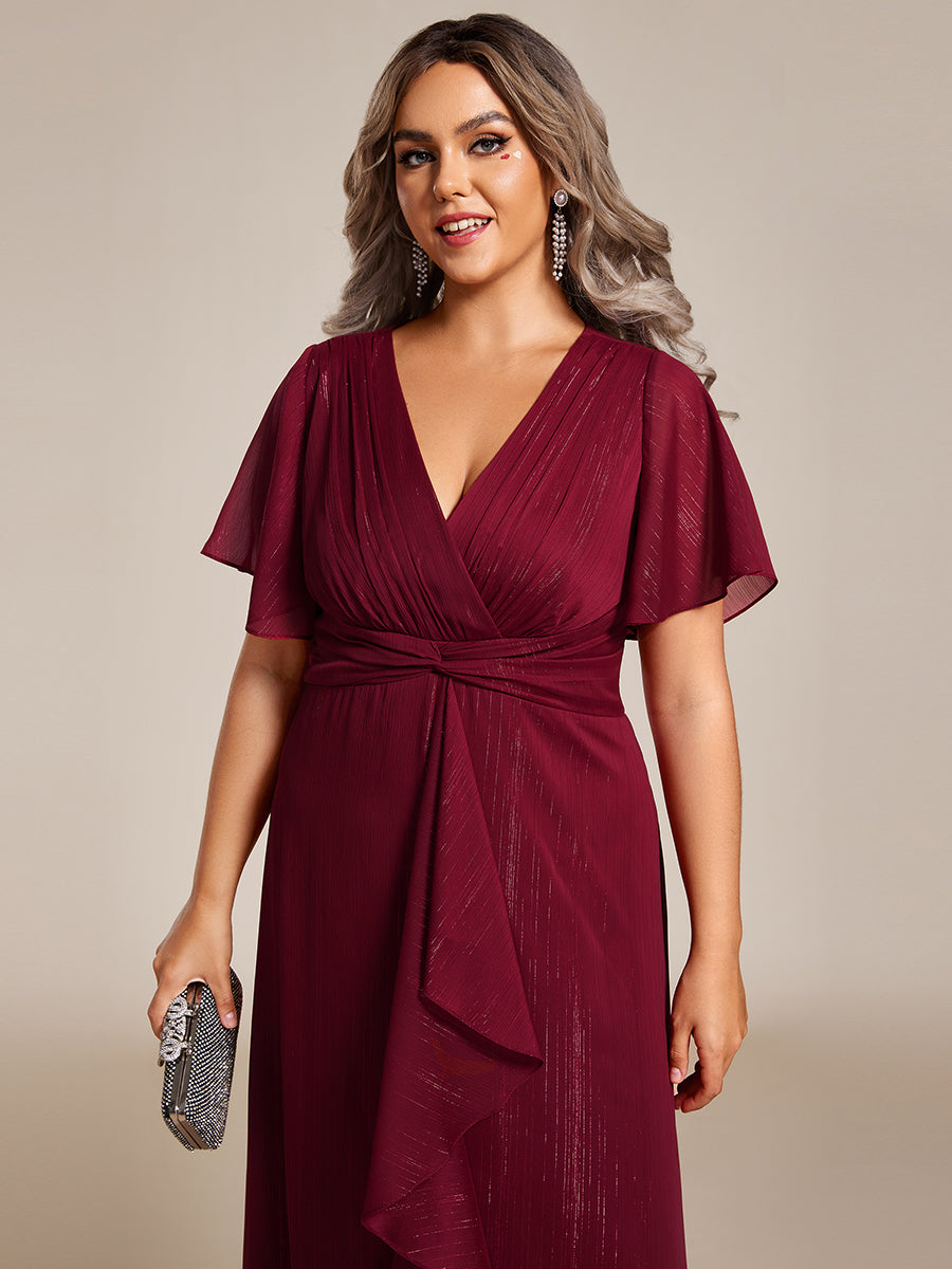 Robe d'invité de mariage mi-longue trapèze à manches courtes et paillettes de grande taille avec ourlet à volants #Couleur_Bordeaux
