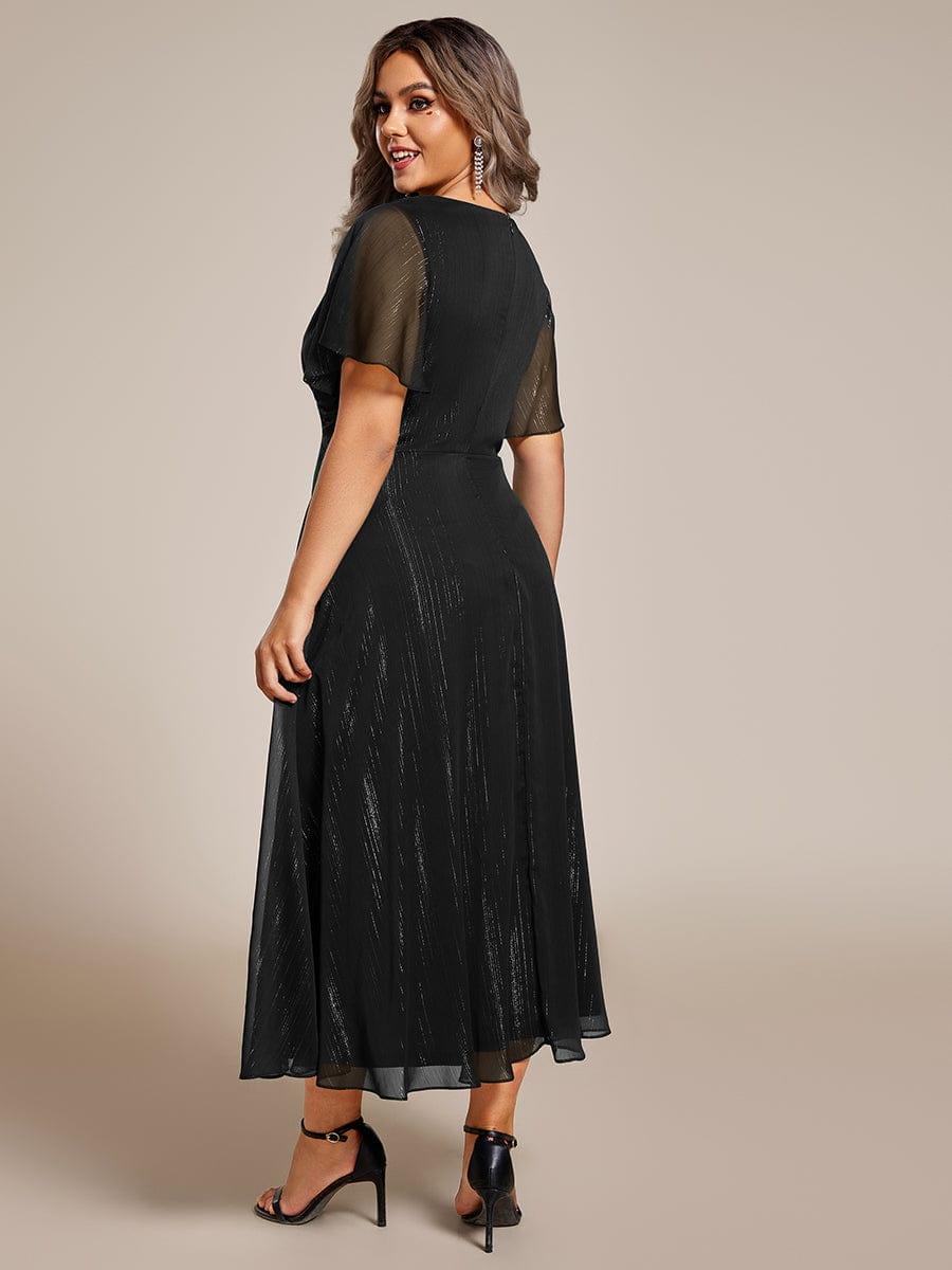 Robe d'invité de mariage mi-longue trapèze à manches courtes et paillettes de grande taille avec ourlet à volants #Couleur_Noir