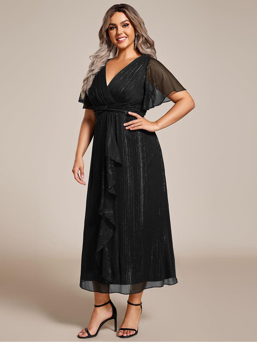 Robe d'invité de mariage mi-longue trapèze à manches courtes et paillettes de grande taille avec ourlet à volants #Couleur_Noir