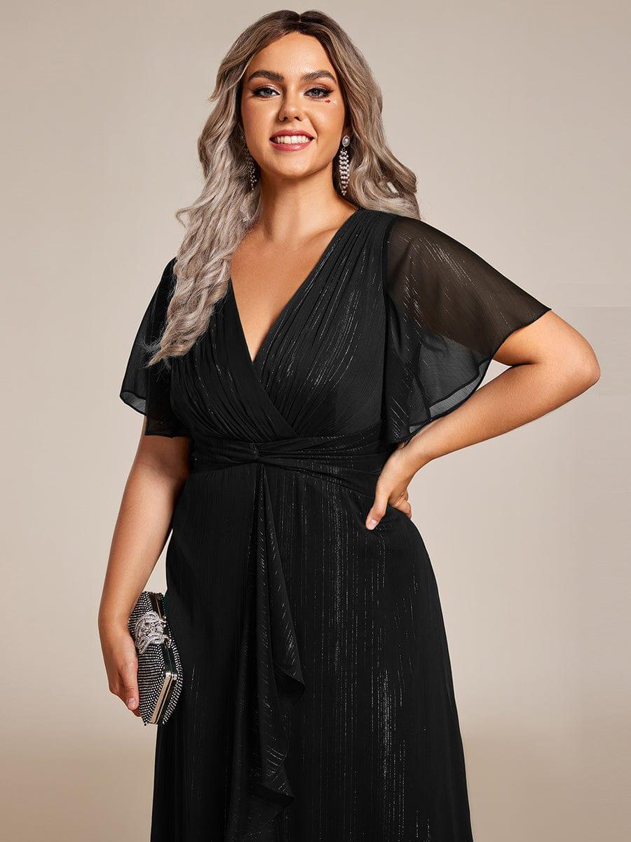 Robe d'invité de mariage mi-longue trapèze à manches courtes et paillettes de grande taille avec ourlet à volants #Couleur_Noir