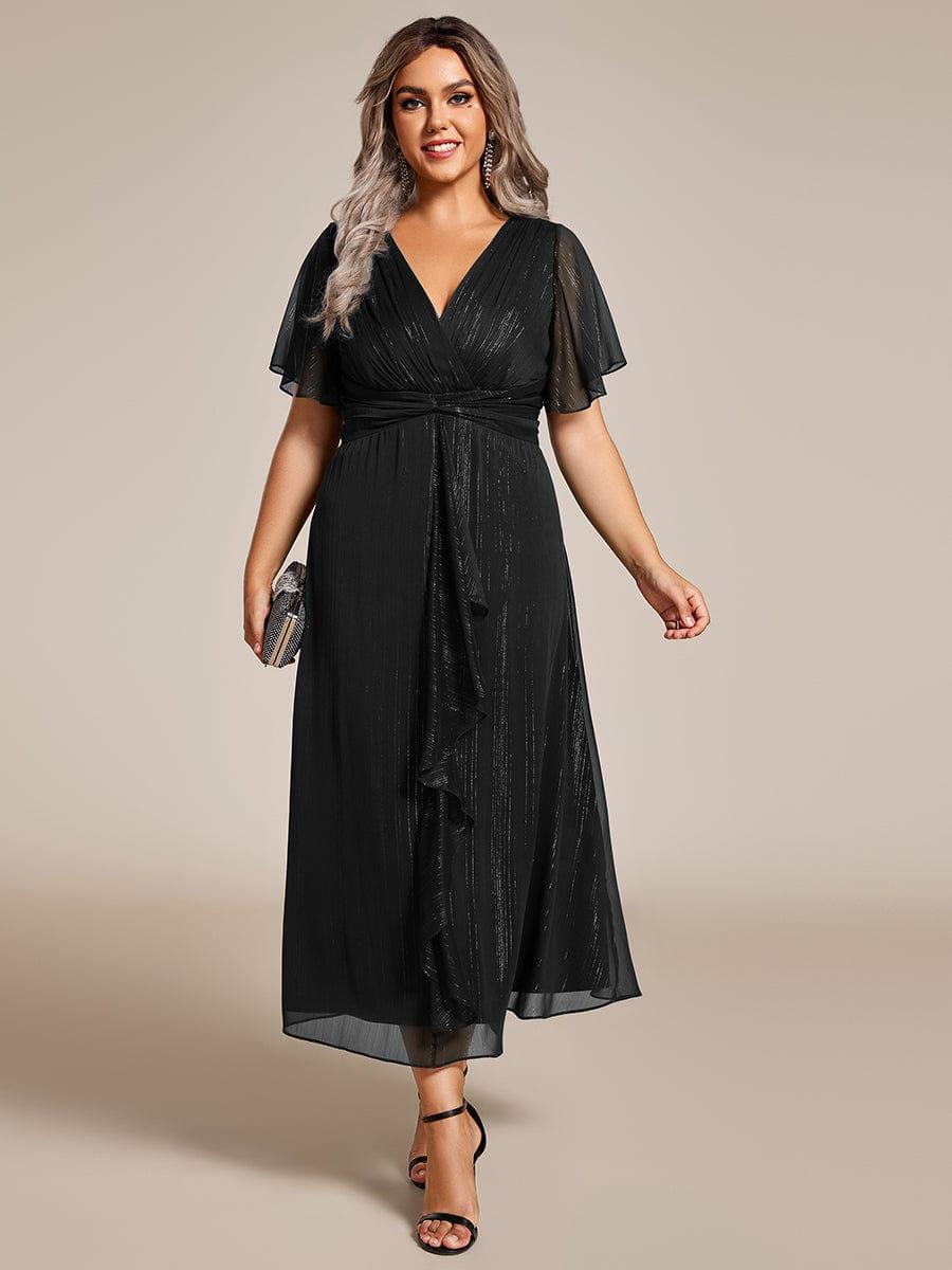 Robe d'invité de mariage mi-longue trapèze à manches courtes et paillettes de grande taille avec ourlet à volants #Couleur_Noir