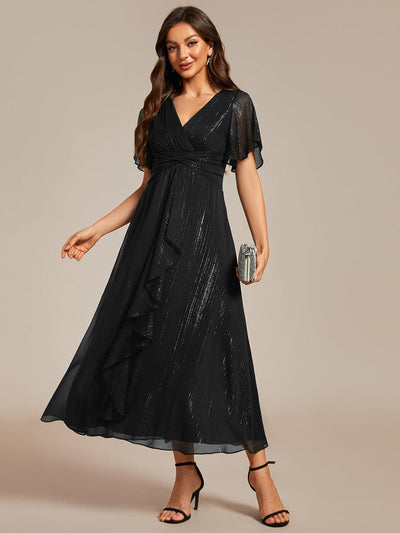 ever OPAHL|Robe d'invité de mariage mi-longue trapèze à manches courtes et paillettes avec ourlet à volants