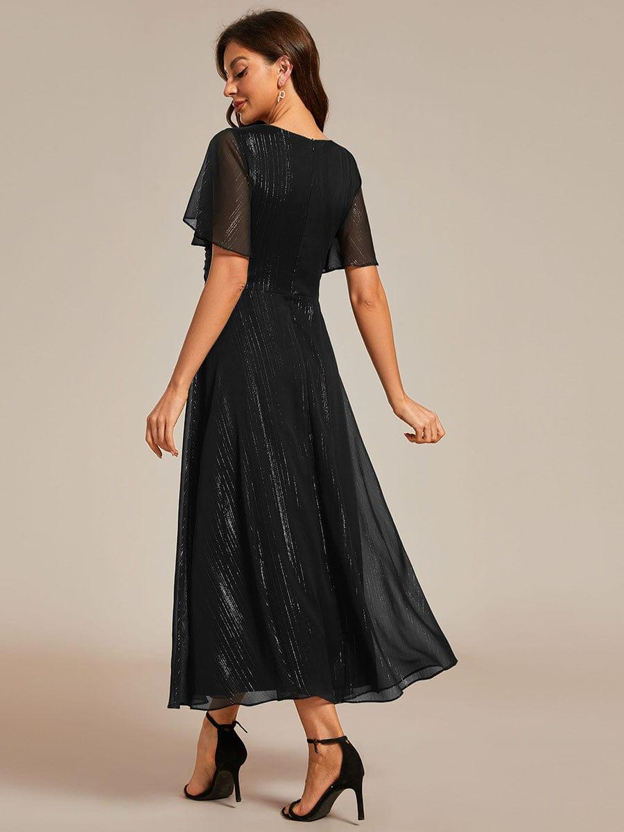 Robe d'invité de mariage mi-longue trapèze à manches courtes et paillettes avec ourlet à volants #Couleur_Noir