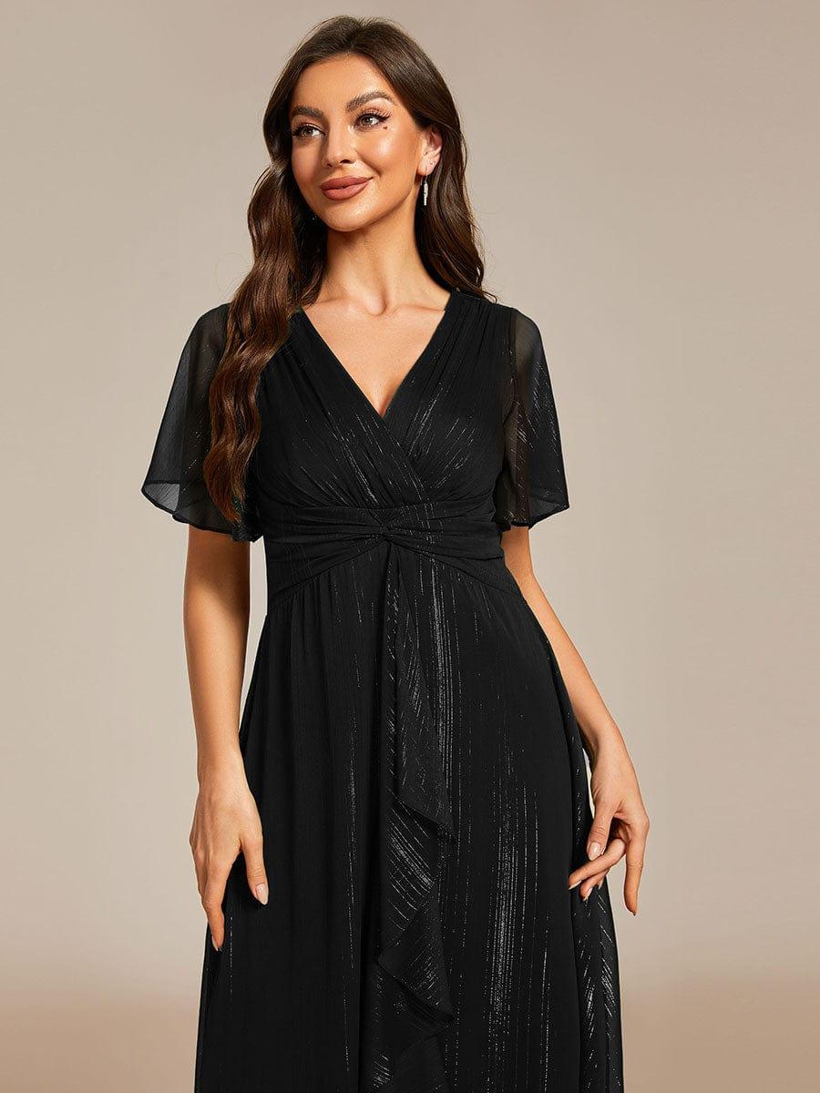 Robe d'invité de mariage mi-longue trapèze à manches courtes et paillettes avec ourlet à volants #Couleur_Noir