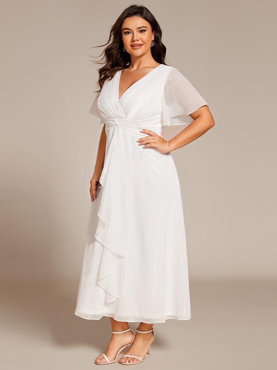 Robe d'invité de mariage mi-longue trapèze à manches courtes et paillettes avec ourlet à volants #Couleur_Creme
