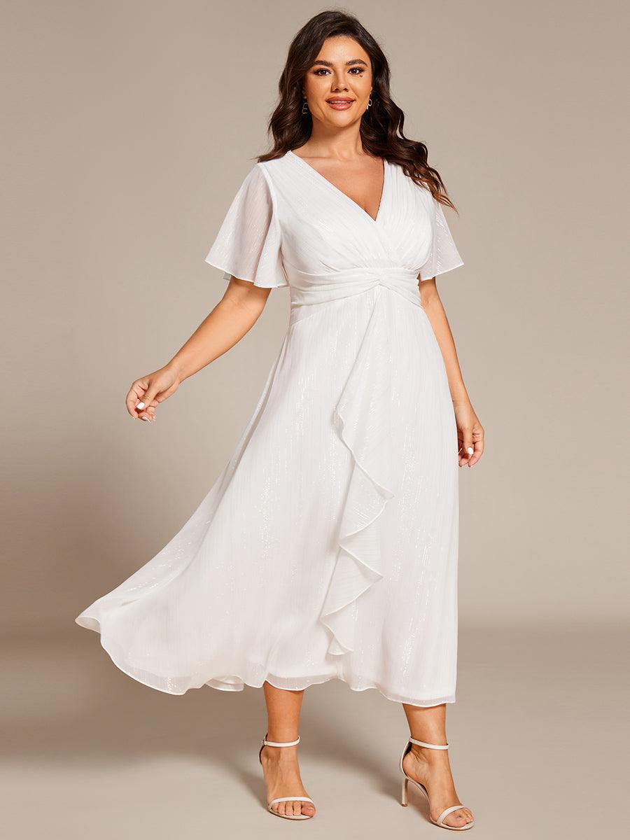 Robe d'invité de mariage mi-longue trapèze à manches courtes et paillettes avec ourlet à volants #Couleur_Creme