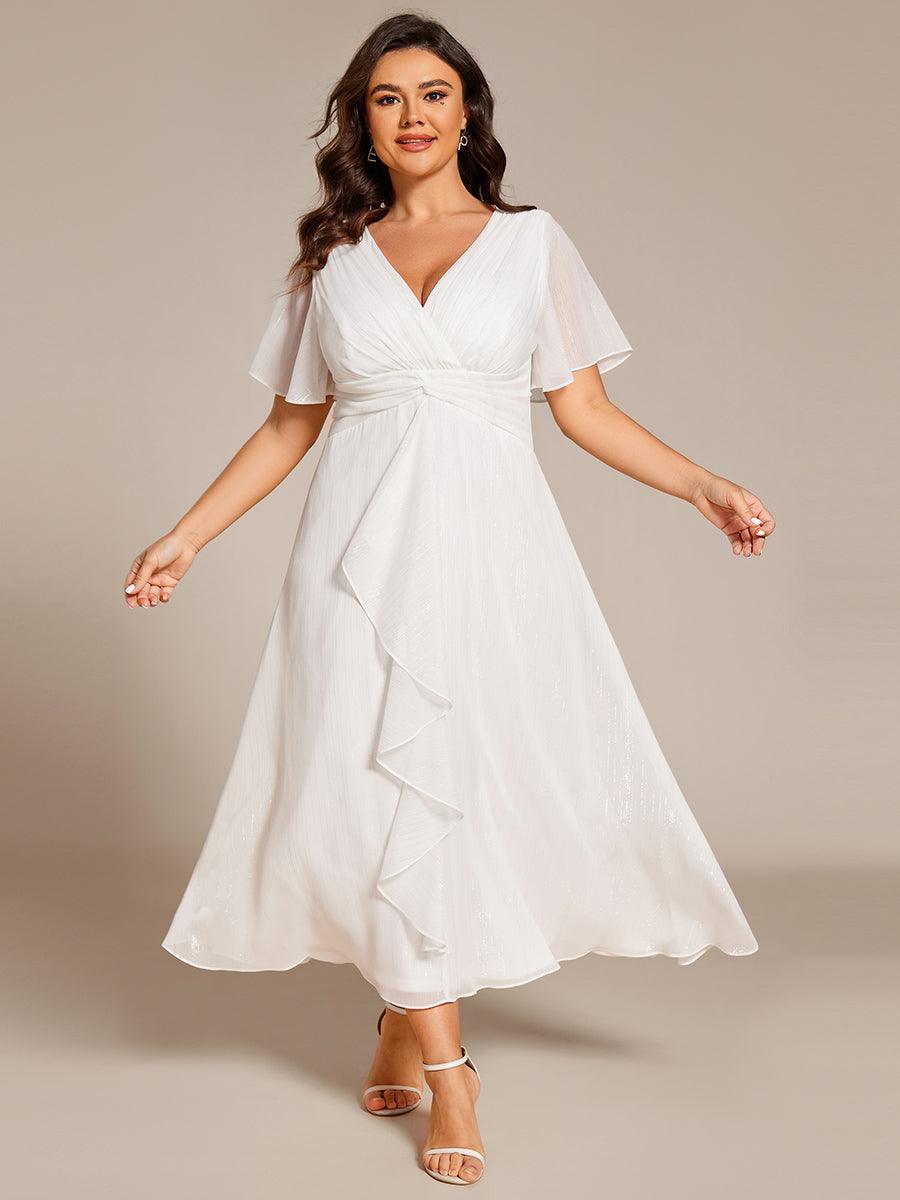 Robe d'invité de mariage mi-longue trapèze à manches courtes et paillettes avec ourlet à volants #Couleur_Creme