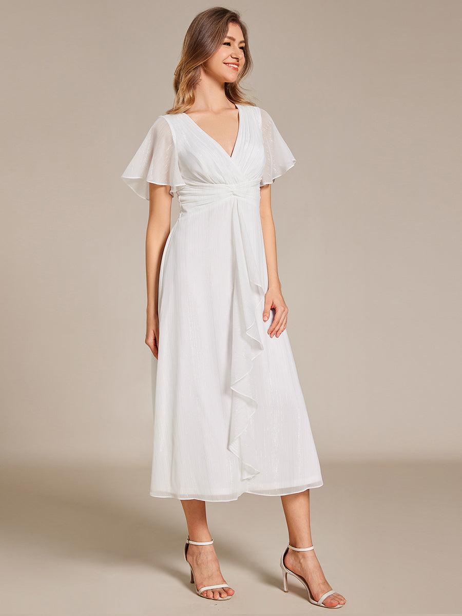 Robe d'invité de mariage mi-longue trapèze à manches courtes et paillettes avec ourlet à volants #Couleur_Creme