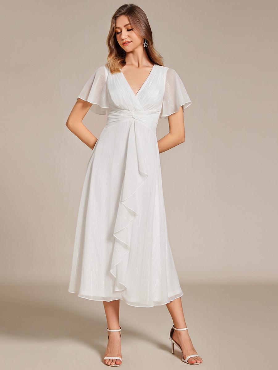 Robe d'invité de mariage mi-longue trapèze à manches courtes et paillettes avec ourlet à volants #Couleur_Creme