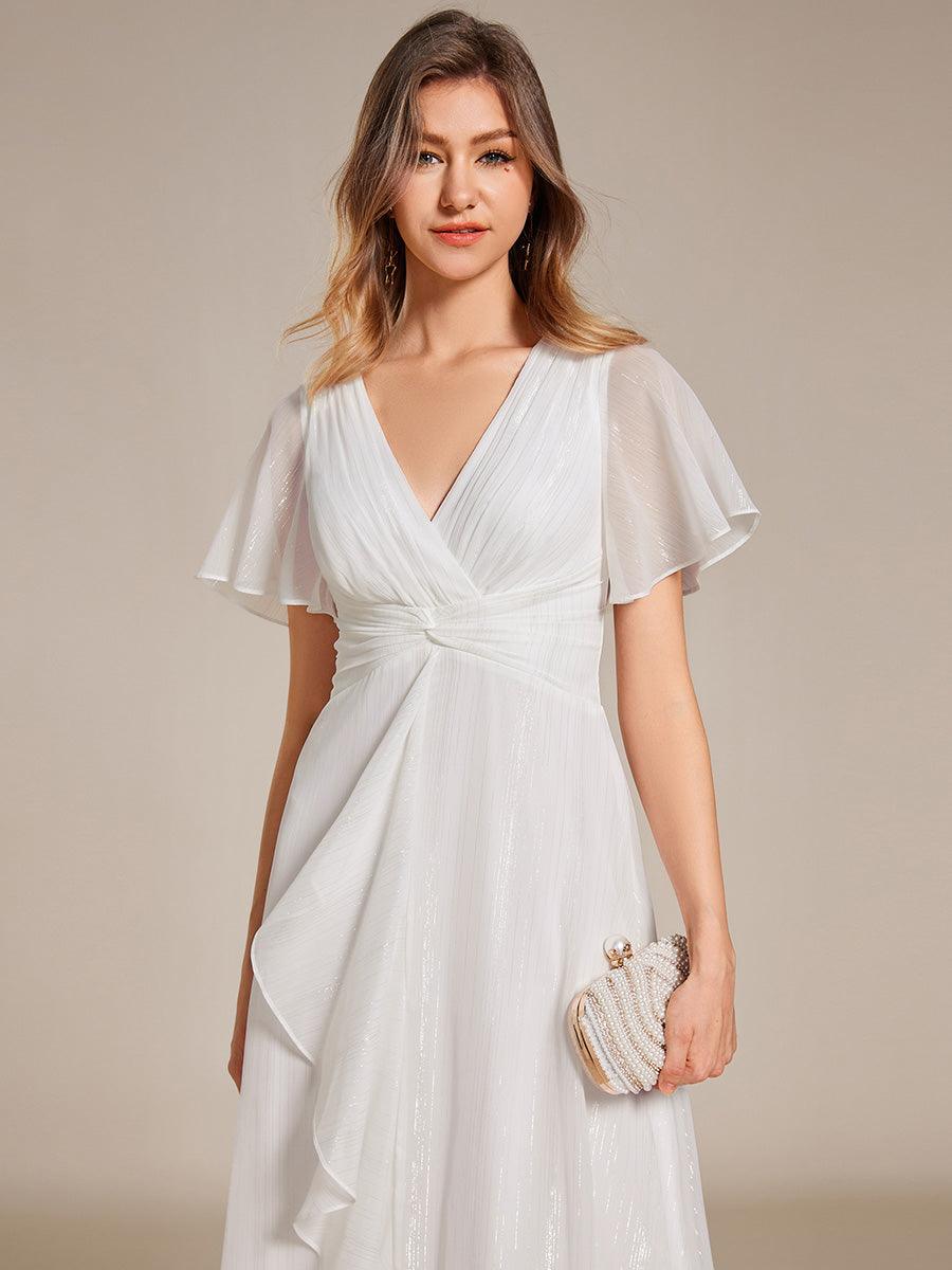 Robe d'invité de mariage mi-longue trapèze à manches courtes et paillettes avec ourlet à volants #Couleur_Creme
