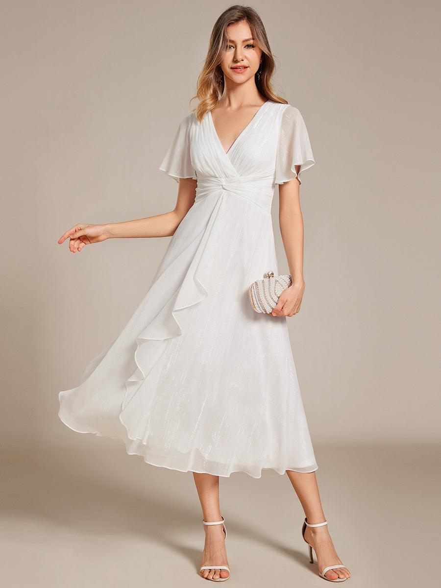 Robe d'invité de mariage mi-longue trapèze à manches courtes et paillettes avec ourlet à volants #Couleur_Creme
