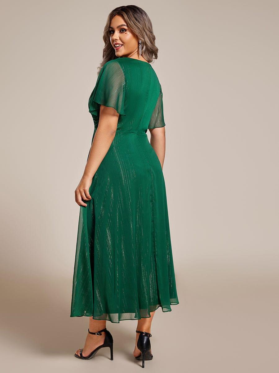 Robe d'invité de mariage mi-longue trapèze à manches courtes et paillettes de grande taille avec ourlet à volants #Couleur_Vert Fonce