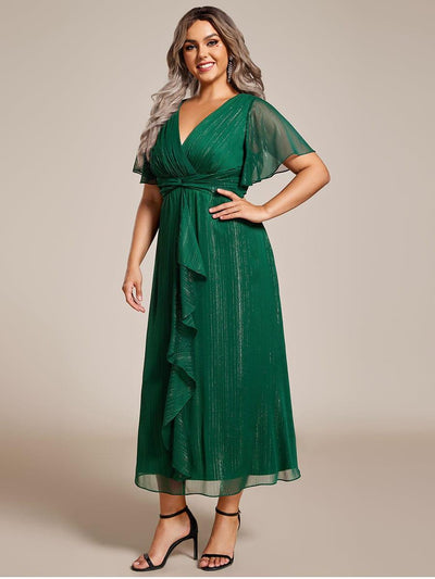 pretty OPAHL|Robe d'invité de mariage mi-longue trapèze à manches courtes et paillettes de grande taille avec ourlet à volants