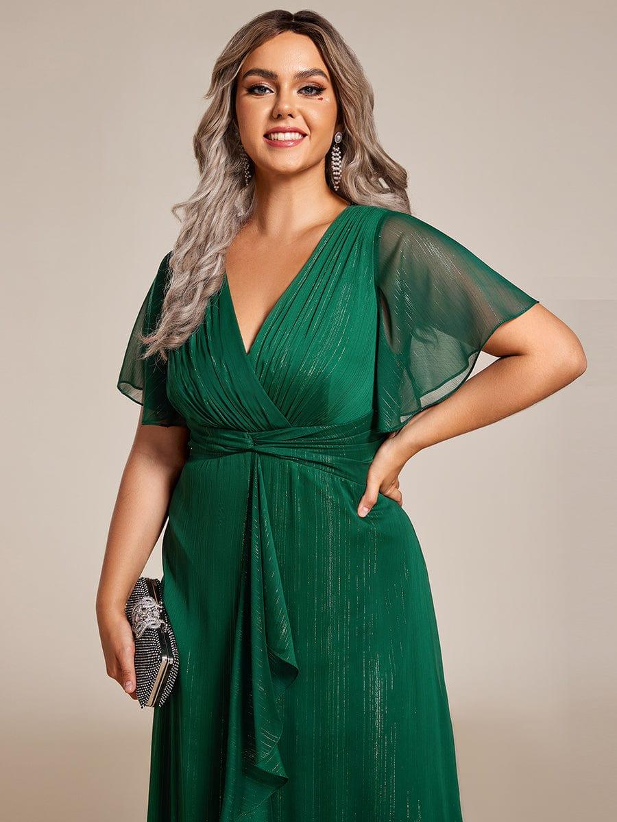 Robe d'invité de mariage mi-longue trapèze à manches courtes et paillettes de grande taille avec ourlet à volants #Couleur_Vert Fonce