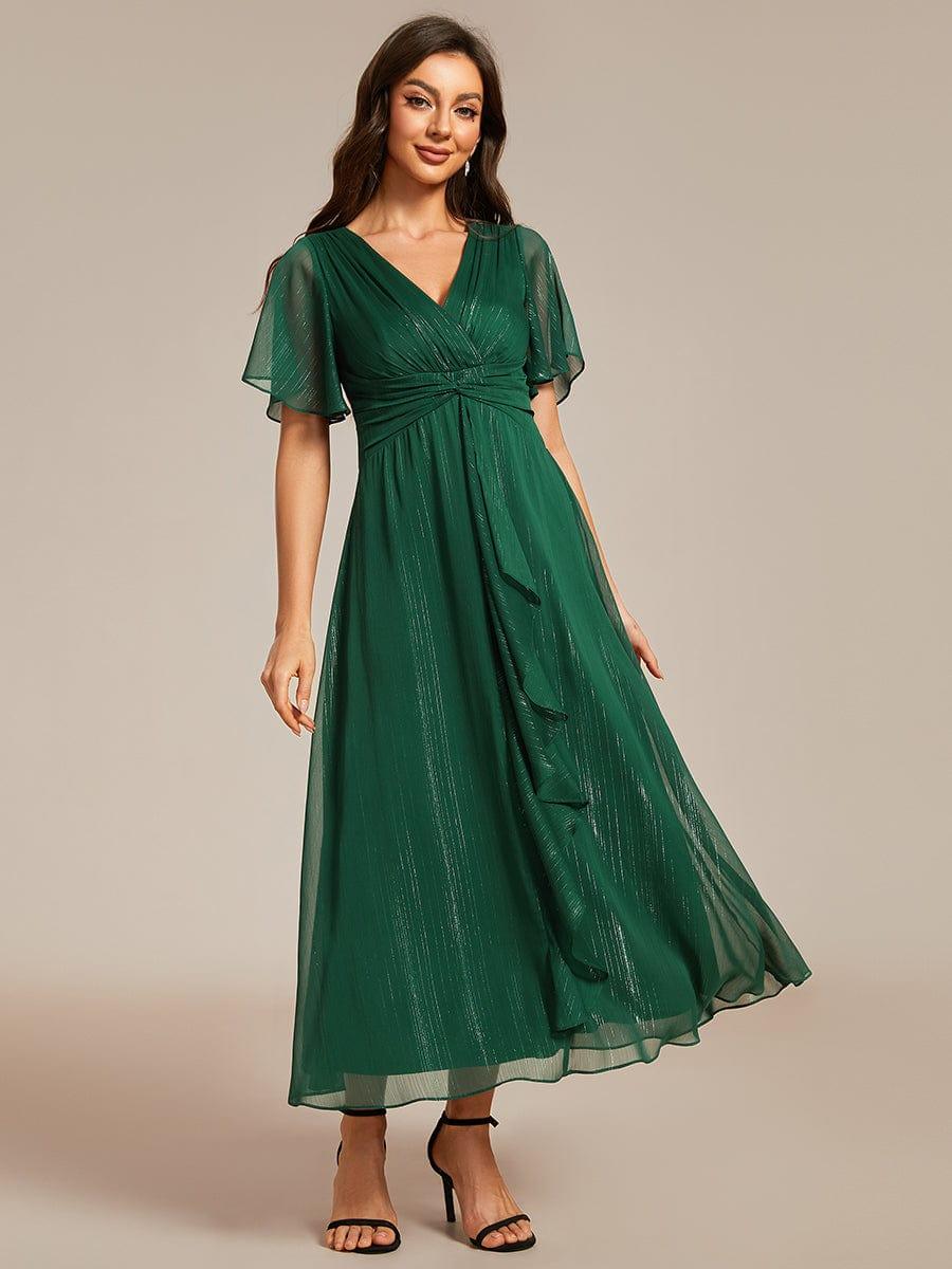 Robe d'invité de mariage mi-longue trapèze à manches courtes et paillettes avec ourlet à volants #Couleur_Vert Fonce