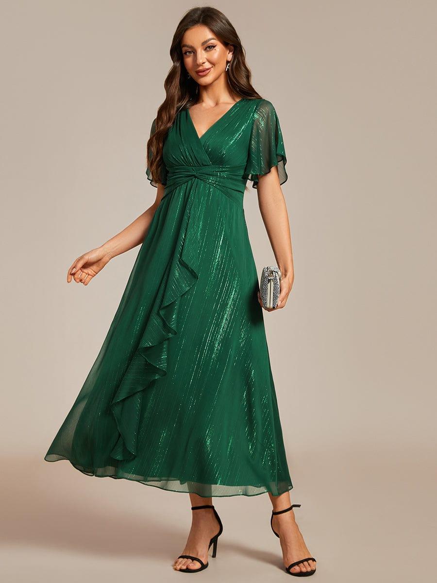 Robe d'invité de mariage mi-longue trapèze à manches courtes et paillettes avec ourlet à volants #Couleur_Vert Fonce