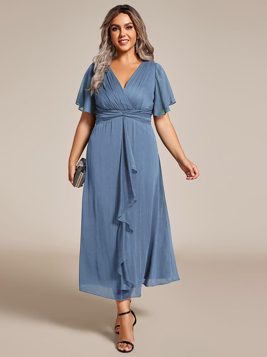 Robe d'invité de mariage mi-longue trapèze à manches courtes et paillettes avec ourlet à volants #Couleur_Marine Fume