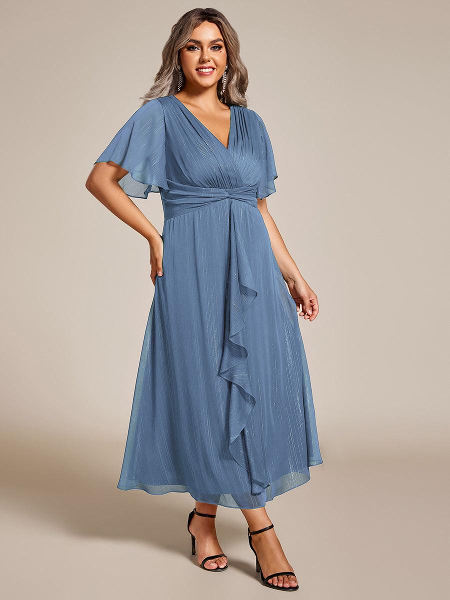 Robe d'invité de mariage mi-longue trapèze à manches courtes et paillettes avec ourlet à volants #Couleur_Marine Fume