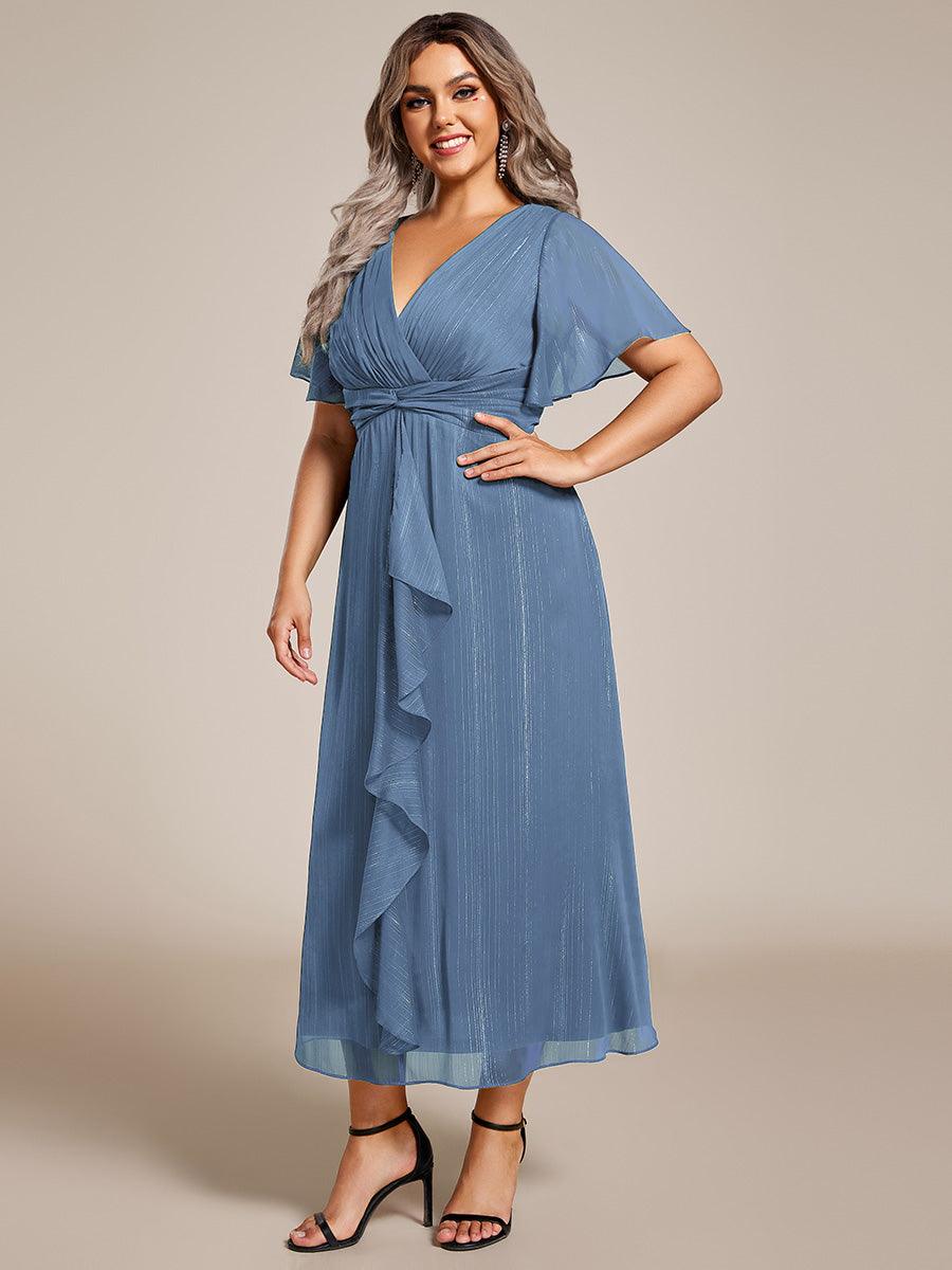 Robe d'invité de mariage mi-longue trapèze à manches courtes et paillettes avec ourlet à volants #Couleur_Marine Fume