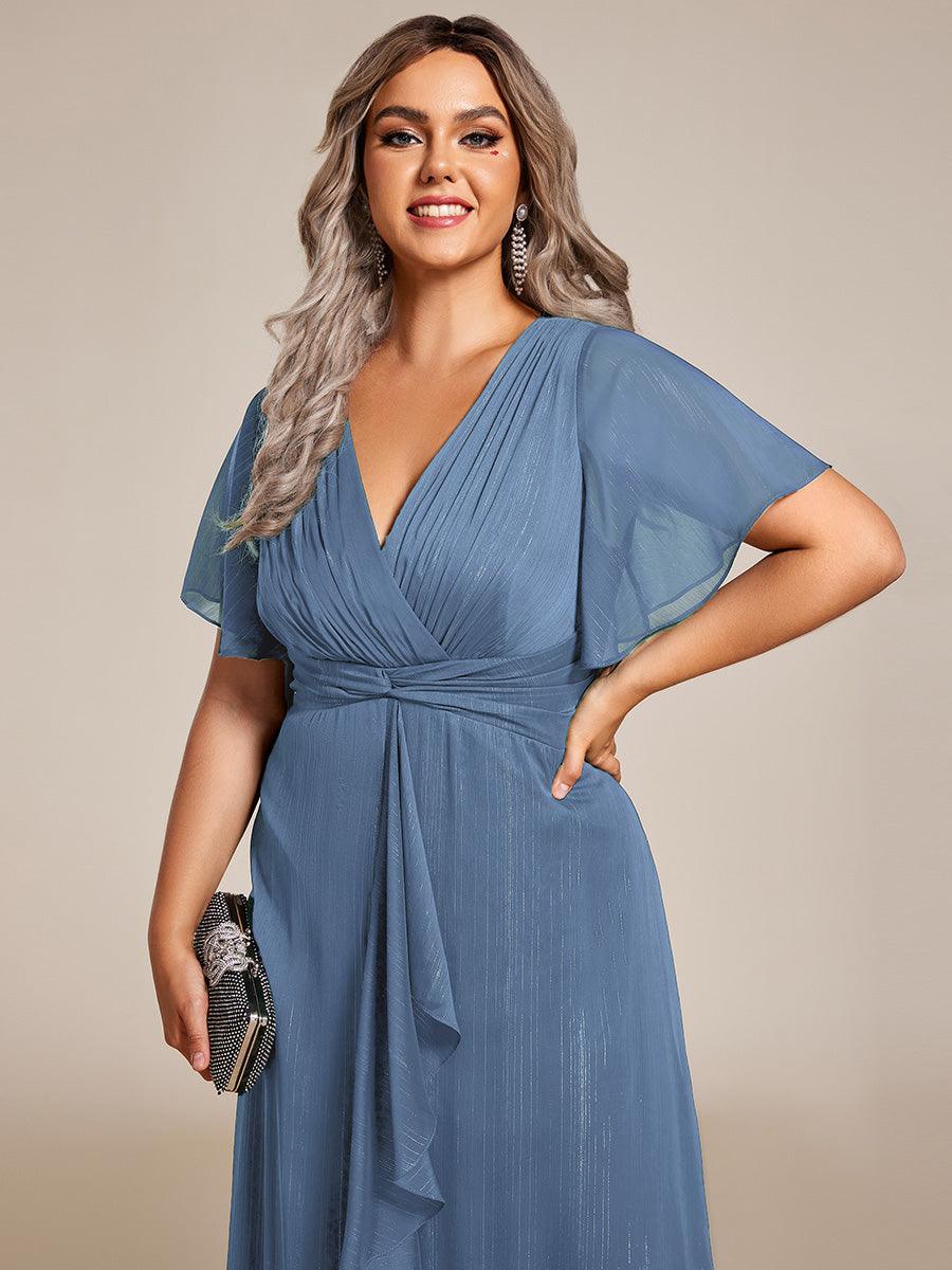 Robe d'invité de mariage mi-longue trapèze à manches courtes et paillettes avec ourlet à volants #Couleur_Marine Fume
