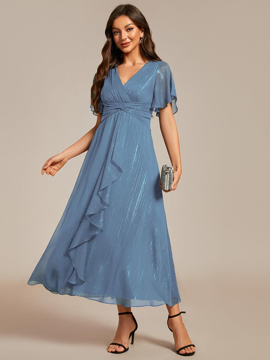 Robe d'invité de mariage mi-longue trapèze à manches courtes et paillettes avec ourlet à volants #Couleur_Marine Fume