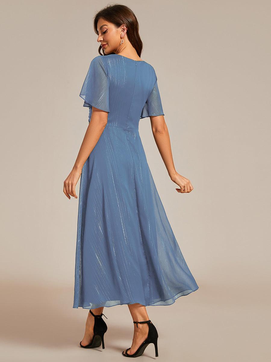 Robe d'invité de mariage mi-longue trapèze à manches courtes et paillettes avec ourlet à volants #Couleur_Marine Fume