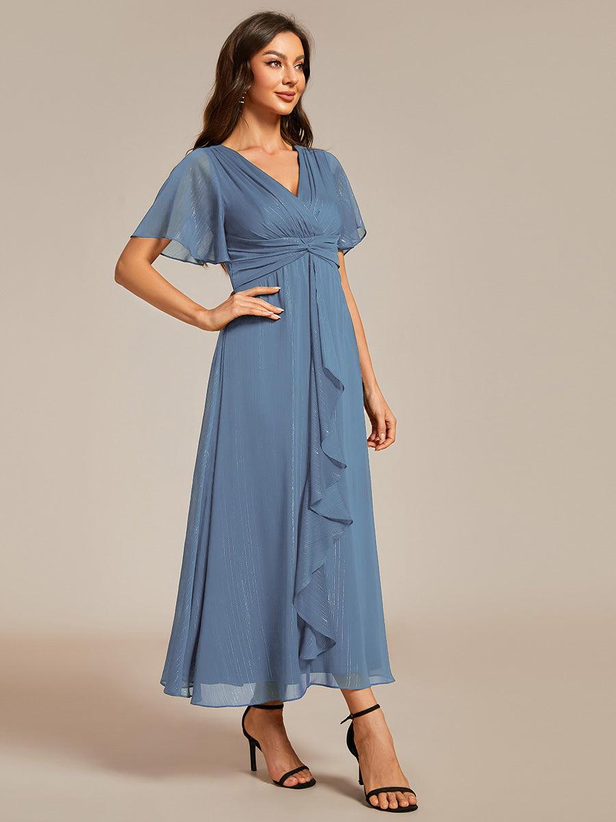 Robe d'invité de mariage mi-longue trapèze à manches courtes et paillettes avec ourlet à volants #Couleur_Marine Fume