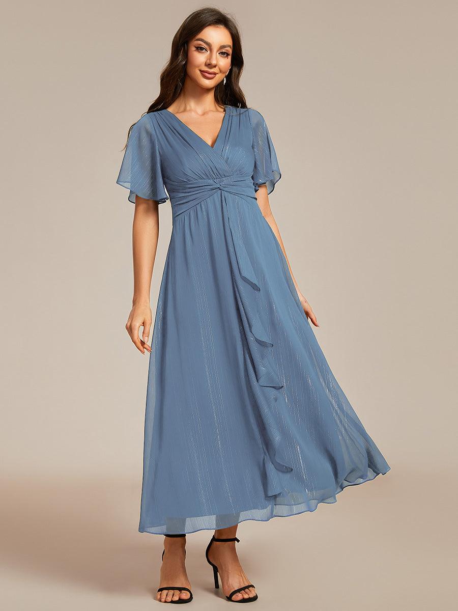 Robe d'invité de mariage mi-longue trapèze à manches courtes et paillettes avec ourlet à volants #Couleur_Marine Fume