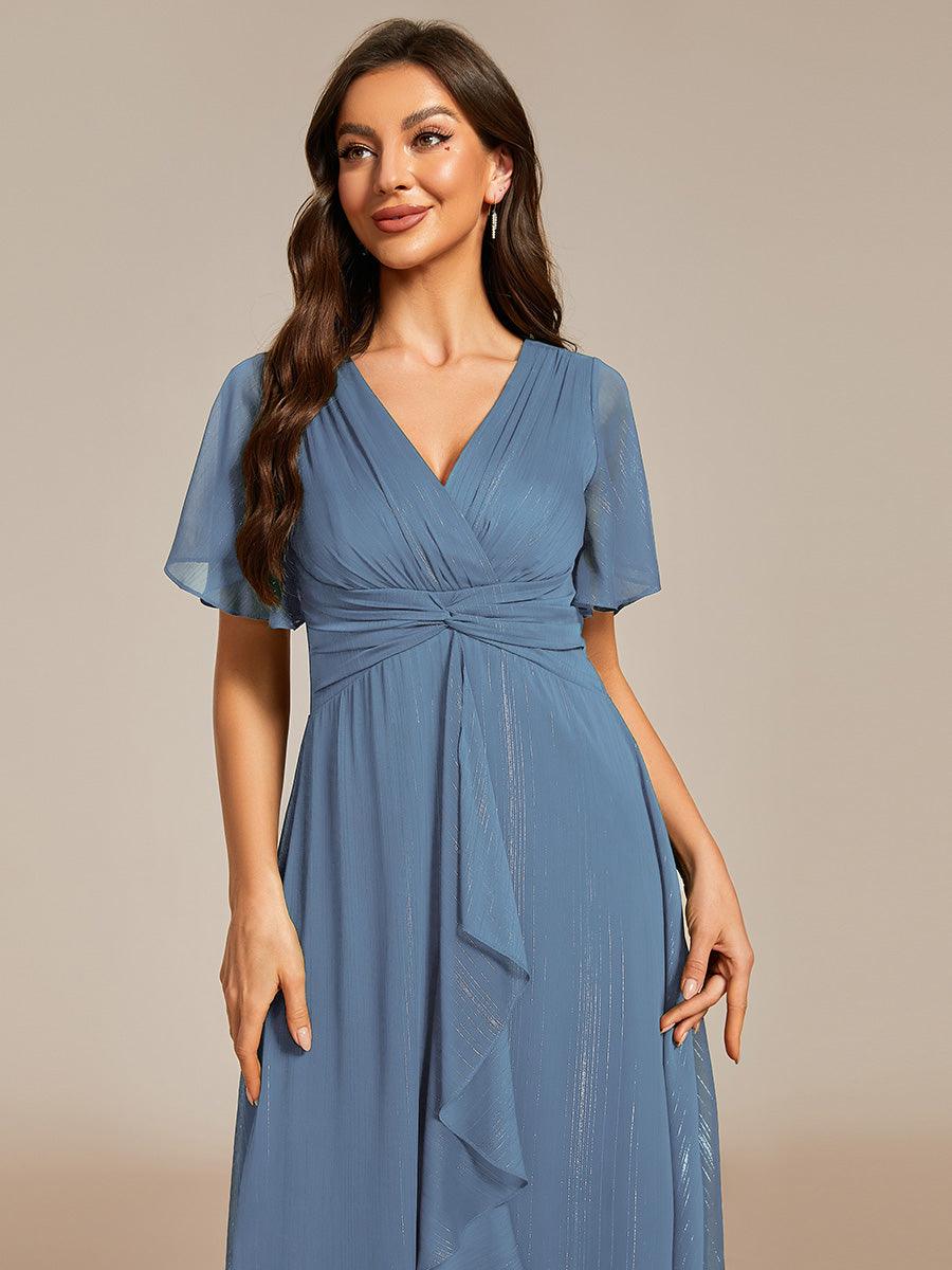 Robe d'invité de mariage mi-longue trapèze à manches courtes et paillettes avec ourlet à volants #Couleur_Marine Fume