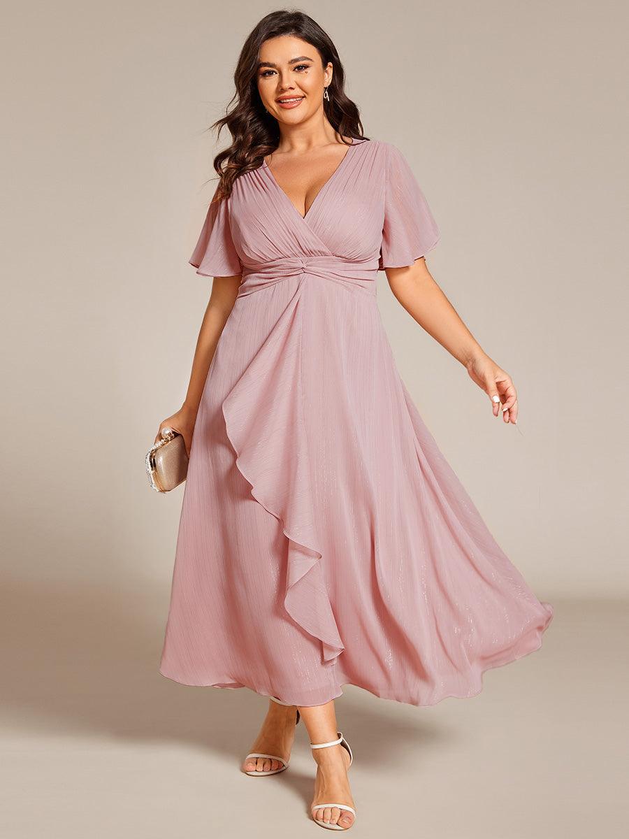 Robe d'invité de mariage mi-longue trapèze à manches courtes et paillettes avec ourlet à volants #Couleur_Rose fumee