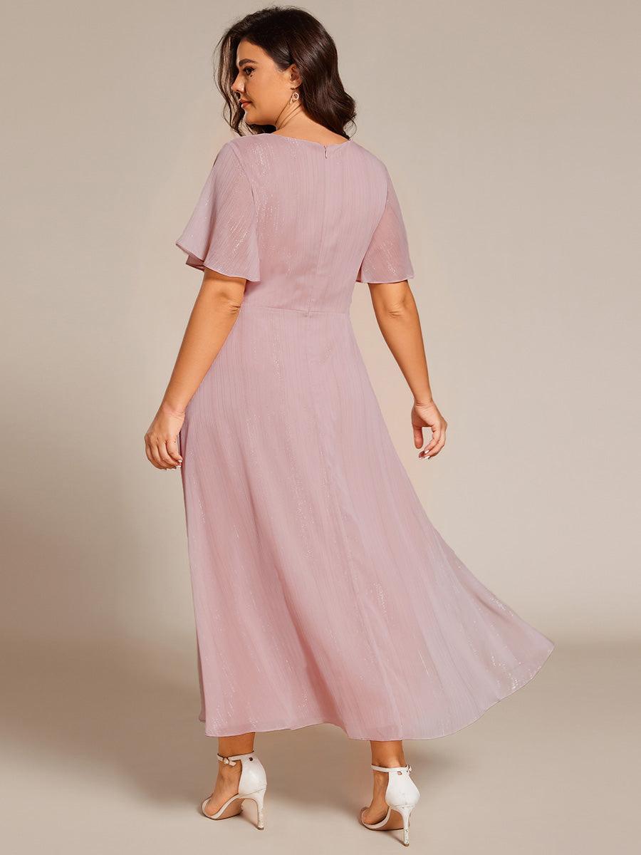 Robe d'invité de mariage mi-longue trapèze à manches courtes et paillettes avec ourlet à volants #Couleur_Rose fumee