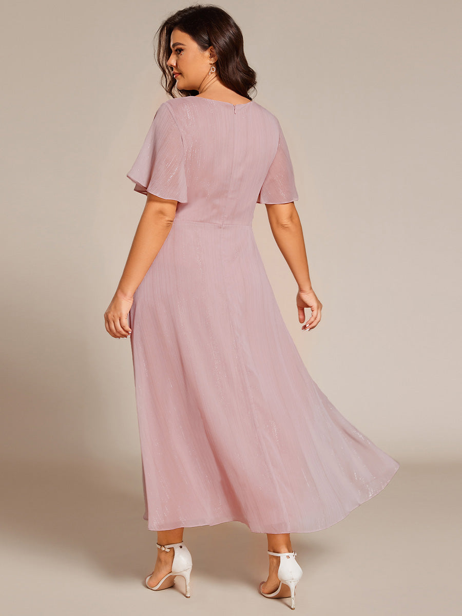 Robe d'invité de mariage mi-longue trapèze à manches courtes et paillettes avec ourlet à volants #Couleur_Rose fumee