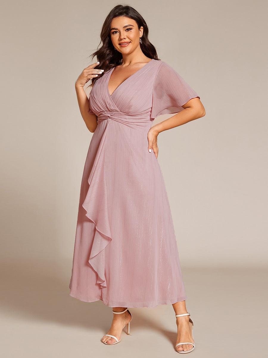 Robe d'invité de mariage mi-longue trapèze à manches courtes et paillettes avec ourlet à volants #Couleur_Rose fumee