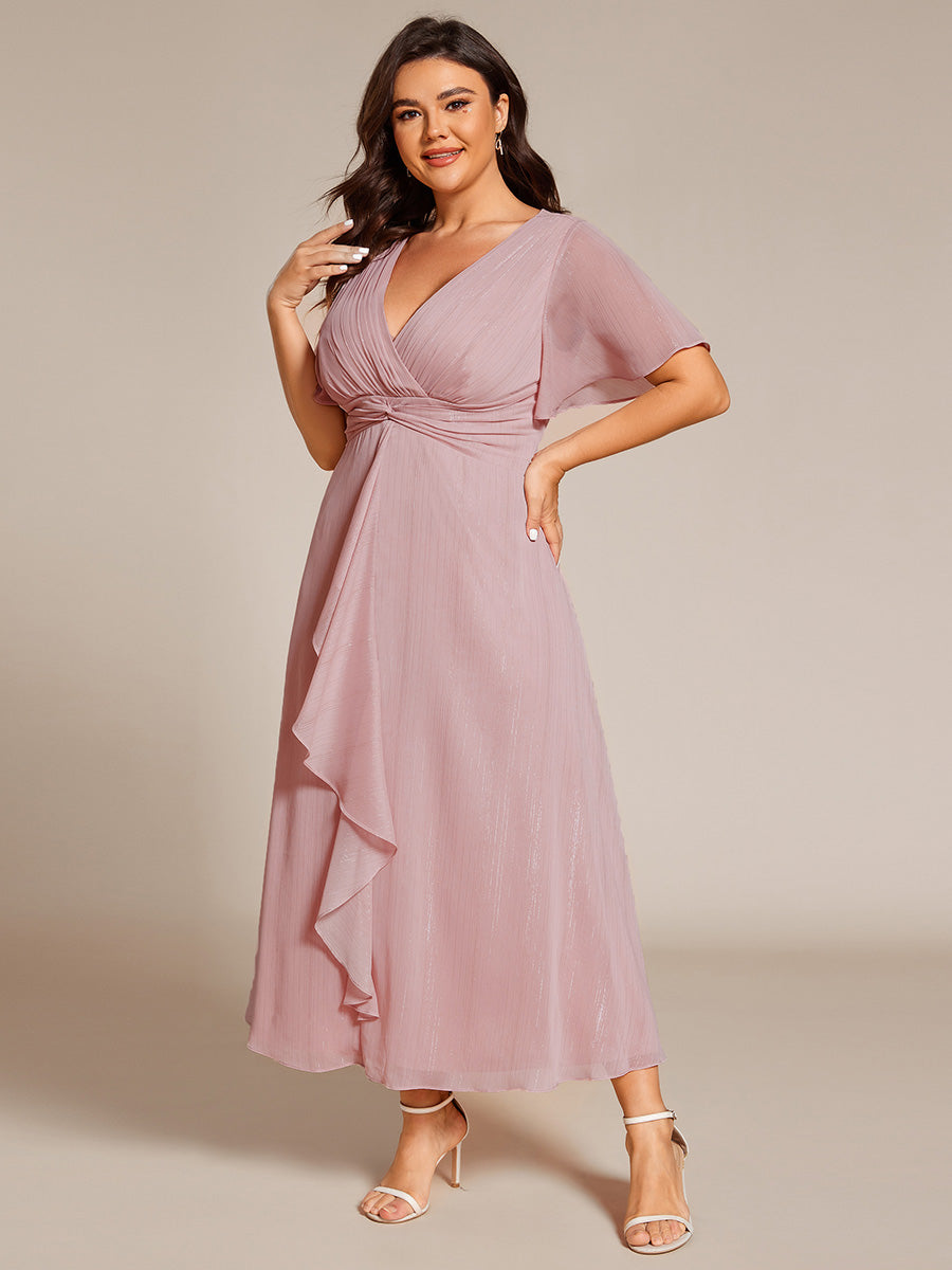 Robe d'invité de mariage mi-longue trapèze à manches courtes et paillettes avec ourlet à volants #Couleur_Rose fumee