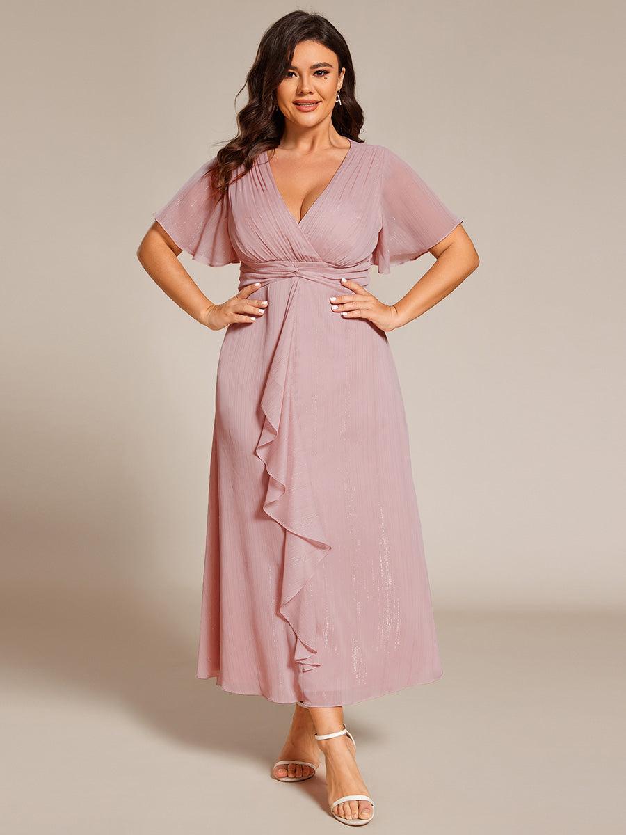 Robe d'invité de mariage mi-longue trapèze à manches courtes et paillettes avec ourlet à volants #Couleur_Rose fumee
