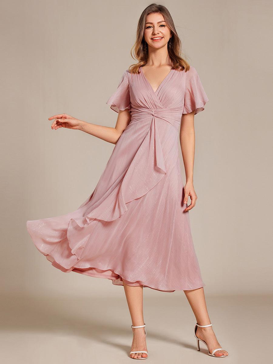 Robe d'invité de mariage mi-longue trapèze à manches courtes et paillettes avec ourlet à volants #Couleur_Rose fumee