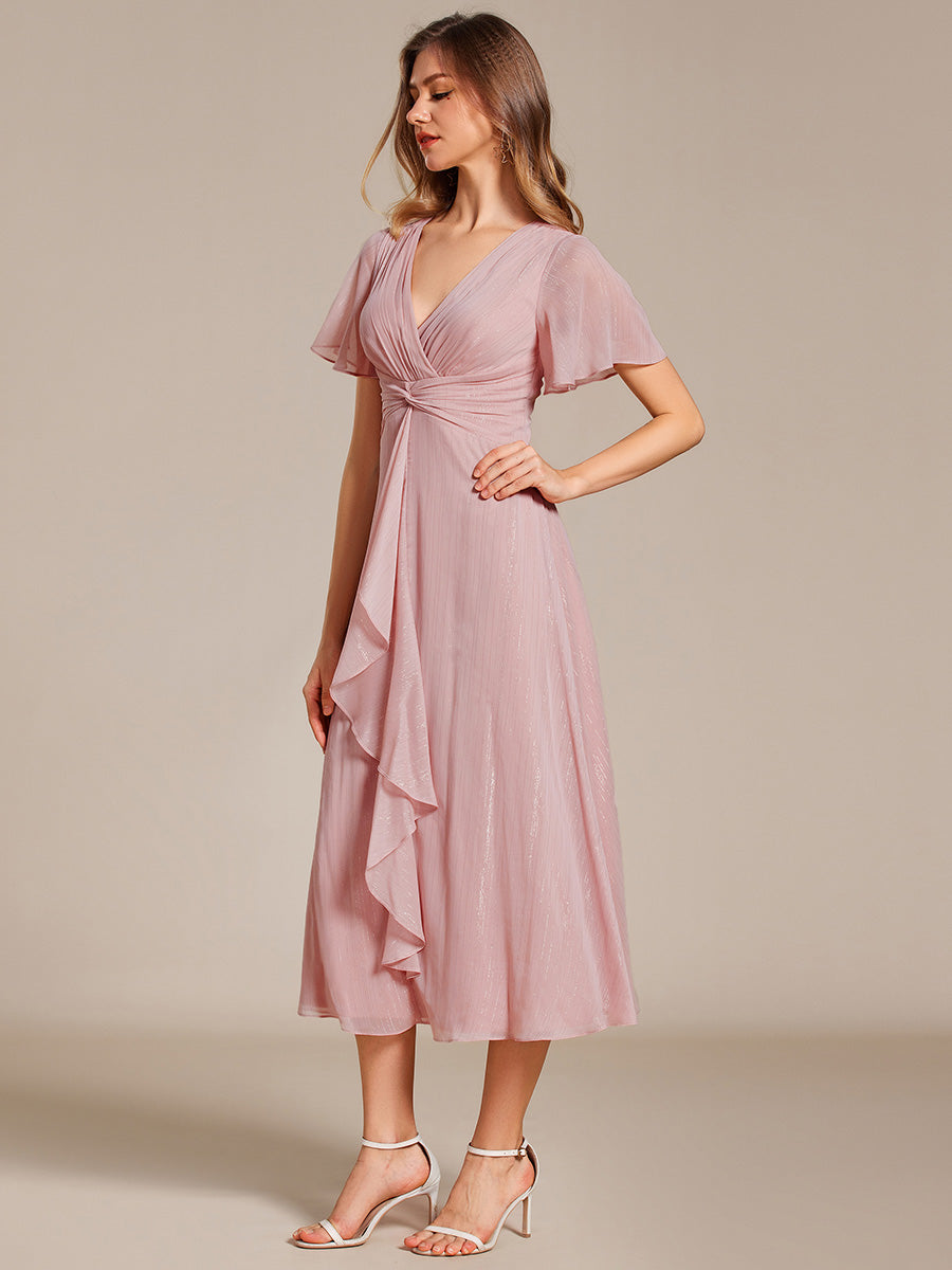 Robe d'invité de mariage mi-longue trapèze à manches courtes et paillettes avec ourlet à volants #Couleur_Rose fumee