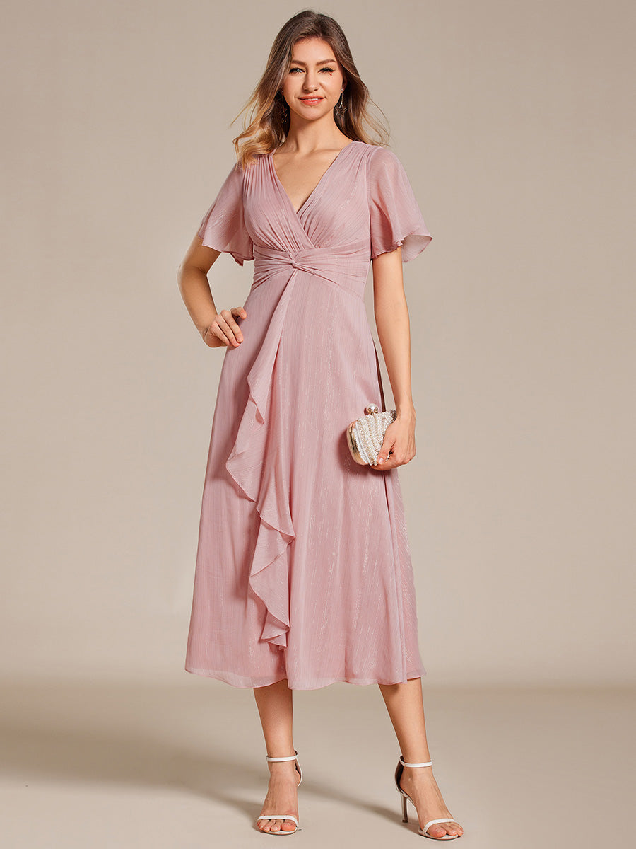 Robe d'invité de mariage mi-longue trapèze à manches courtes et paillettes avec ourlet à volants #Couleur_Rose fumee