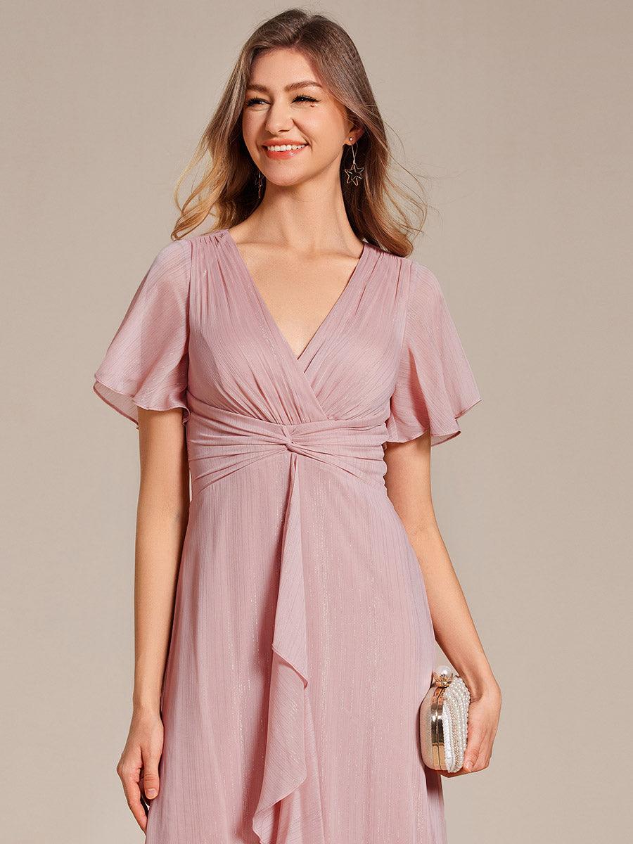 Robe d'invité de mariage mi-longue trapèze à manches courtes et paillettes avec ourlet à volants #Couleur_Rose fumee