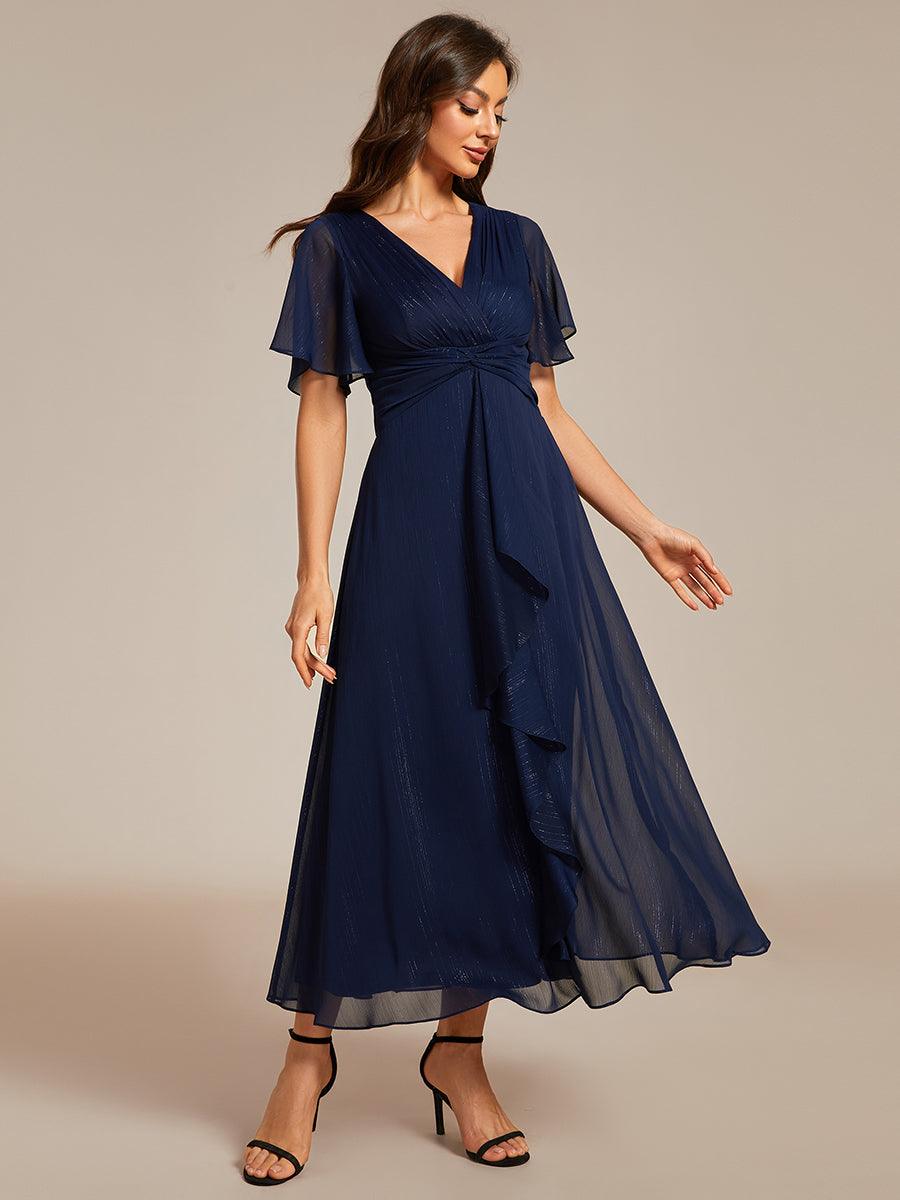 Robe d'invité de mariage mi-longue trapèze à manches courtes et paillettes avec ourlet à volants #Couleur_Bleu Marine