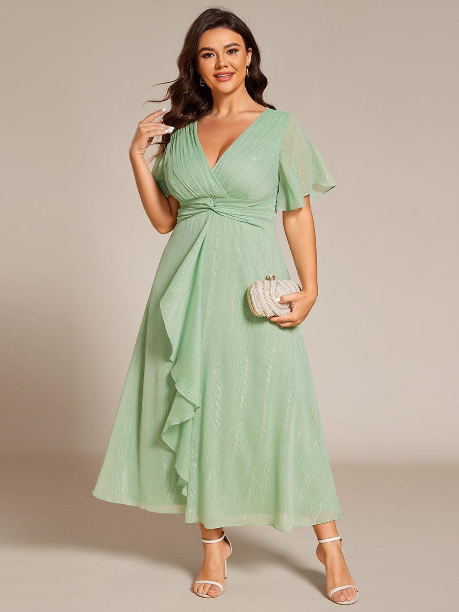 Robe d'invité de mariage mi-longue trapèze à manches courtes et paillettes avec ourlet à volants #Couleur_Vert Dete